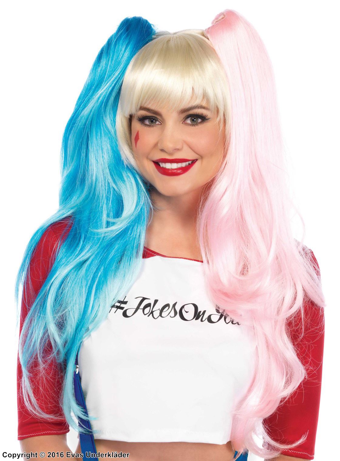Harley Quinn, lang parykk, pannelugg, hårknuter, flerfarget